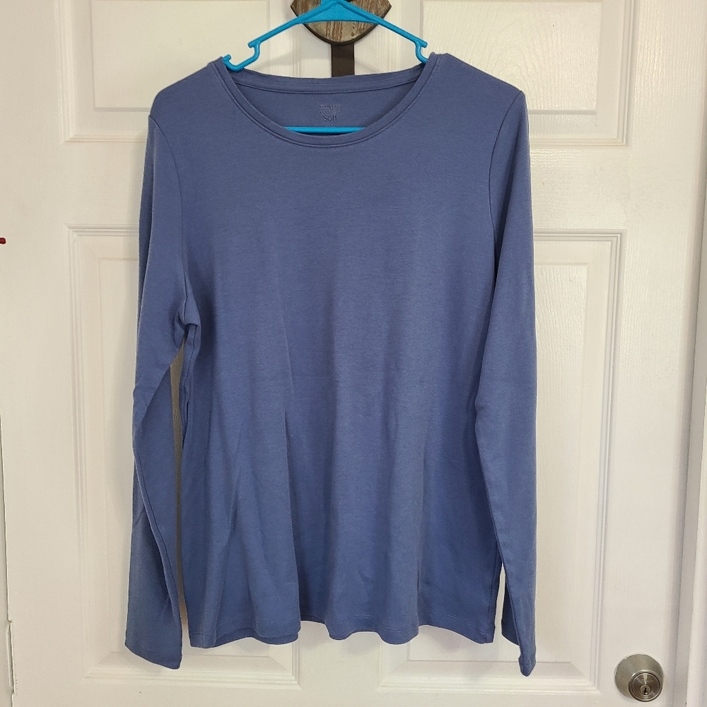 (386) Kim Roger's Woman's Long Sleeve Activewear Crewneck T-Shirt, Size: L Blue